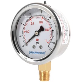 UHARBOUR Vacuum Gauge 2-1/2" Dial Liquid Filled -30 inhg/0, Rubber Protective Case, 1/4" Brass Lower Mount, Including 1/4" to 1/8" Thread Adapter and Teflon Tape