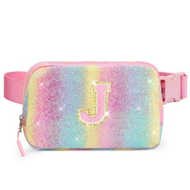 Cotmcor Kids Fanny Pack Glitter Waist Pack Initial Crossbody Bag Belt Bag for Girls Gifts Sparkly Cute Purse Rainbow J