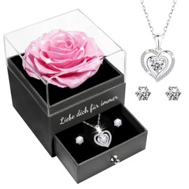 Miofula Eternal Rose Gifts for Women, Preserved Roses with Heart Necklace and Earrings Made of 925 Sterling Silver, Rose Gift Box for Mum Wife for Birthday, Christmas, Valentine's Day, Mother's Day
