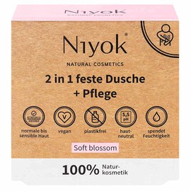 Niyok® 2 in 1 solid shower and care, solid shower gel without palm oil, skin-neutral pH 5.5 vegan plastic-free, like shower soap, organic soap, natural cosmetics, moisturises soft blossom (80 g)