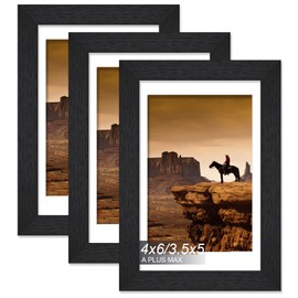 A PLUS MAX 4x6 Picture Frame Set of 3, Engineered Wood Frame Display Photo 3.5 x 5 with Mat or 4 x 6 without Mat, 4by6 Frame with Black Wood Grain for Wall - 3 Pack/Black/4"x6"