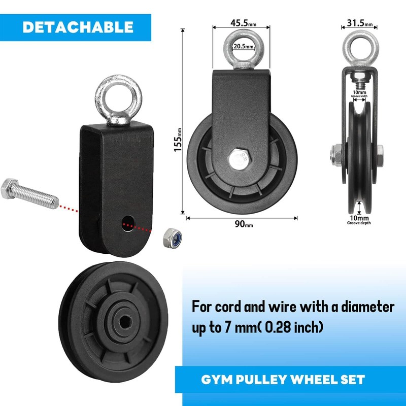 Gym Pulley Wheel Set, 90MM Diameter, 160KG Load Capacity, Black,