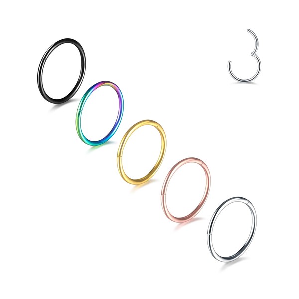 Aumeo 14G 16G 18G 20G Nose Ring Hoop Stainless Steel Hinged Segment Ring Hoop Nose Clicker Ring Tragus Helix Cartilage Daith Rook Earring Piercing Jewelry for Women Men (5pcs 20g 7mm Mixed Colors)