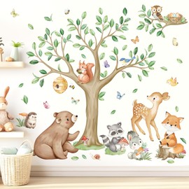 wondever Woodland Animal Tree Wall Stickers Bear Deer Fox Owl Peel and Stick Wall Art Decals for Baby Nursery Kids Bedroom Living Room