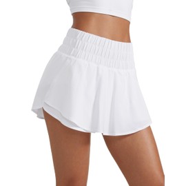 CRZ YOGA Pantalones Cortos Deportivos de Cintura Alta para Mujer con Volantes y Forro Frontal con Bolsillo con Cierre Blanco Grande