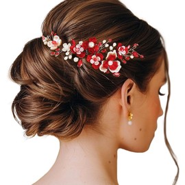 JAKAWIN Flower Bride Wedding Hair Vine Accessories Red Pearl Bridal Hair Piece for Women