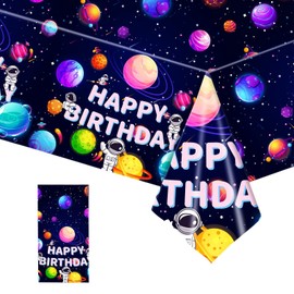 YAAVAAW 137 * 274cm Blue Happy Birthday Table Cloth Party for Boys Girls,Outer Space Astronautsh Party Plastic Tablecloth Table Cover for Kids Baby Girl Boy Birthday Planet Themed Party Decorations