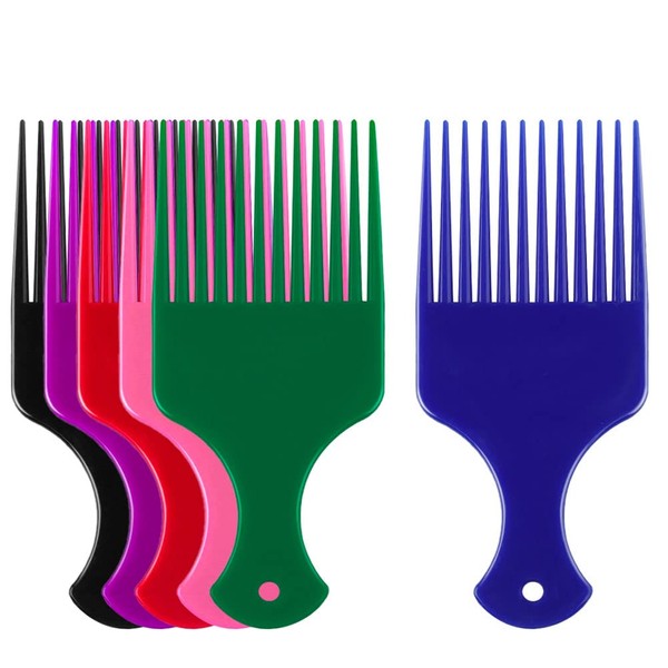 6 pcs Afro Comb, Plastic Smooth Hair Pick Comb Wide Tooth Detangling Hair Comb for Natural Curly Hair Style (6 Color)