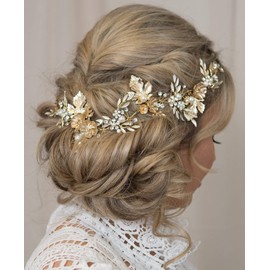 Kercisbeauty Gold Flower Leaf Vintage Headband Rhinestones Pearl Hair Vine Bridal Tiara Rustic Wedding Headpiece for Brides Women Dancing Ball Handmade Jewellery