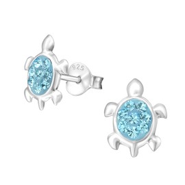 Monkimau Girls' Earrings Turtle Stud Earrings Made of 925 Sterling Silver with 16 Crystals (Light Blue), Silver, Crystal