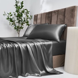 Damier Satin Fitted Sheet 160 x 200 cm Grey Dark Grey Silk Shiny Fitted Sheet High-Quality Satin Deluxe Bed Sheet Suitable for Mattresses up to 30 cm