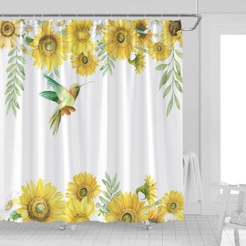 Sunflower Hummingbird Shower Curtain Yellow Floral Green Leaves Bird Spring Summer Garden Fabric Bathroom Decor Curtains with Hooks,70 x 70