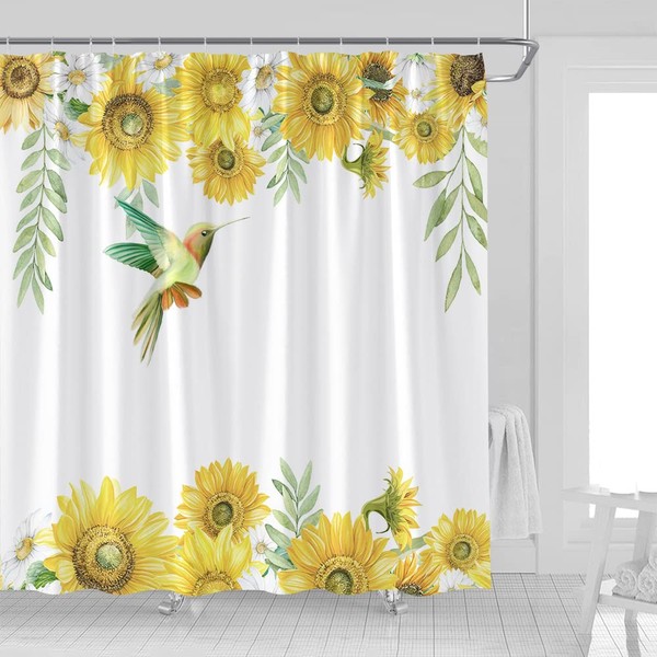 Sunflower Hummingbird Shower Curtain Yellow Floral Green Leaves Bird Spring