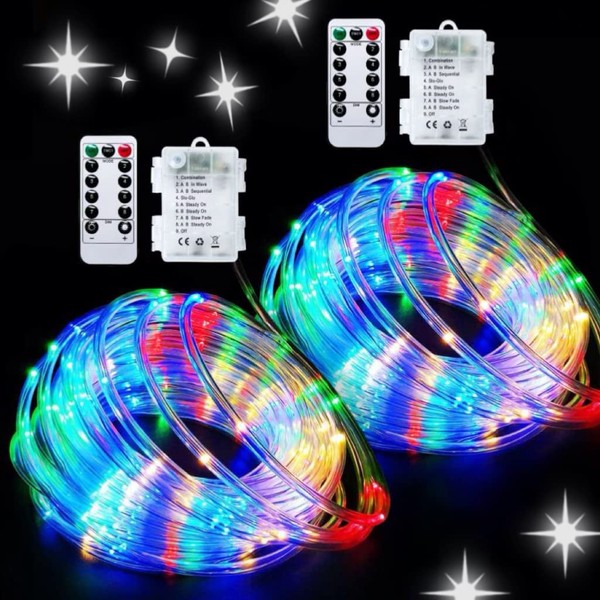 JMEXSUSS 2 Pack Battery Operated Rope Lights Outdoor Waterproof, Total 200LED 66ft 8Mode Battery Powered String Lights Outdoor, Trampoline Lights for Trampoline Camping Canopy Deck Decor (Multicolor)