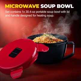MATICAN Microwave Soup Bowl with Lid, Soup Mug with Lid, Microwave Containers for Ramen Noodles, Soup, Beverages, 30.43 Ounces, Red, Black