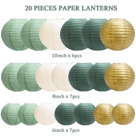 Yuxiou Paper Lanterns Party Decorations, Hanging Paper Lanterns for Graduation Baby Shower Sage Green Birthday Decorations Round Chinese Lanterns Pack of 20 Sage Green Gold