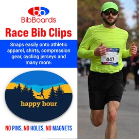 bibSNAPS Race Bib Clips - Safety Lock Fasteners - Secures Running, Marathon, Cycling, and Event Numbers, Non Magnetic, Easy to Use, Soft & Reusable, Replacement for Pins & Magnets - Happy Hour (4pcs)