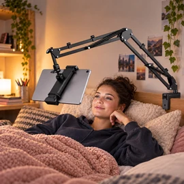 Tablet Holder for Bed with 90cm Metal Arm – 360° Rotating Adjustable Mount Stand for 4.5–11 Inch Phones and Tablets