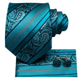 Hi-Tie Men's Solid Colour Tie Handkerchief Wedding Party Classic Tie & Pocket Square Set Multiple, Teal Stirpe