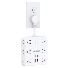 HOPOW Short Extension Cord 4 Inch, Flat Plug Small Power Strip with 12 AC & 4 USB(2 USB-C), 1875W/15A, 1700J Multiple Compact Surge Protector, Wall Outlet Extender for Home Office Travel, White