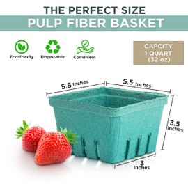 FMP Brands 44 Pack Quart Green Molded Pulp Fiber Berry Basket Produce Vented Container for Fruit and Vegetable, Farmer Market, Grocery Stores and Backyard Party