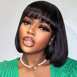 Bob Human Hair Wigs with Bangs Straight Short Bob Wig with Bangs Straight None Lace Front Wigs Human Hair Full Machine Wigs 10 inch