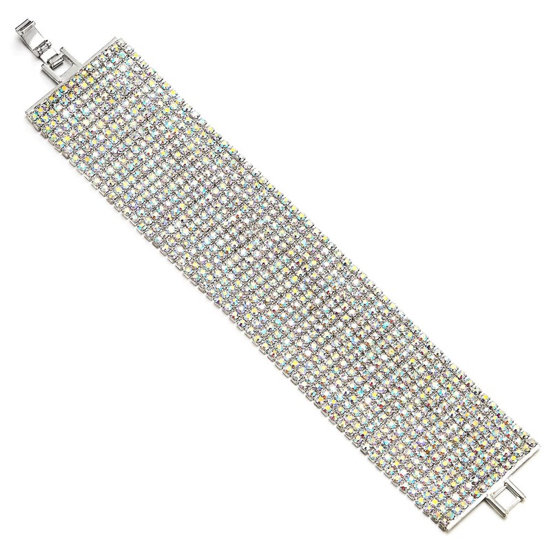 COOLSTEELANDBEYOND Dazzling Rainbow Rhinestone Pave Cluster Wide Bangle Bracelet, Metal,