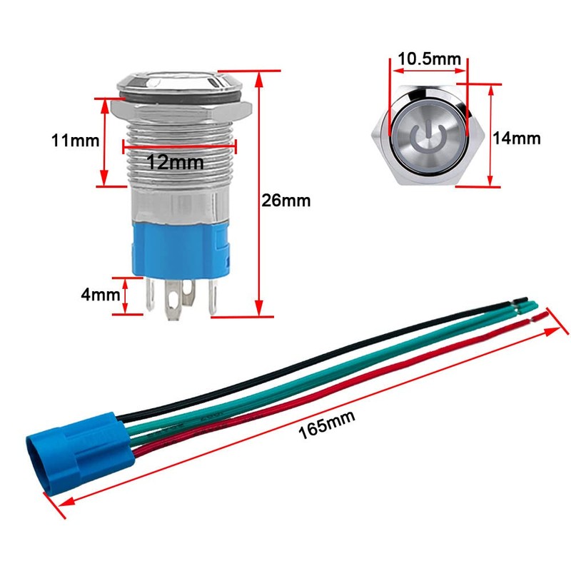 Aiqeer 2 Pcs 12 mm Self-locking Latching Push Button Switch,