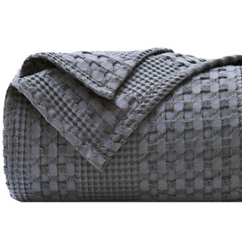 PHF 100% Organic Cotton Waffle Weave Blanket Twin Size - Luxury Decorative Soft Breathable Skin-Friendly Blanket for All Season - Perfect Textured Blanket Layer for Couch Bed Sofa 66"x90" - Dark Grey