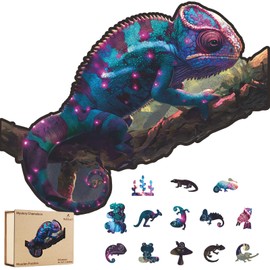Ruikiyart Wooden Puzzles for Adults, Chameleon Jigsaw Puzzles 200 pcs, 14.1x11.1in, Medium, Unique Shapes Liberty Irregular Lizards Wood Puzzles, Beautiful Wooden Box, Best Gift for Adults and Kids