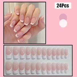 Gloss & Go 24 Reusable Artificial Fake Nail Set| Frech Style Peach And White Mix Color Glossy Nails| Lightweight & Long Lasting| Easy To Use| Quick Fix For Festivals & Special Occasions