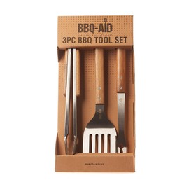 BBQ-Aid 3 Piece Grill Set BBQ Accessories - Tongs, Spatula & Fork Utensils - Heavy Duty Stainless Steel Barbecue Grilling Accessories & Tools with Solid Wood Handles