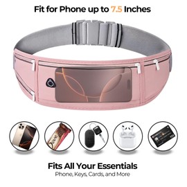 QUPOLPOL Water-Resistant Running Belt with Bottle Holder – Reflective Waist Pack for Men & Women, Multi-Pocket Lycra Fitness Belt with Headphone Port, Fits Phones up to 7.5" (1, Pink, One Size)
