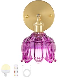 Battery Operated Wall Sconce with Remote Control,Vintage Wall Lamp with Flower lampshade,Rechargeable Battery Powered Wall Lights with 15 Colors for Beside Bedroom Living Room Doorway,Flower Purple