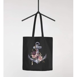 Autiga® Jute Bag Anchor Flowers Cotton Bag Shopping Bag Black 2 Long Handles