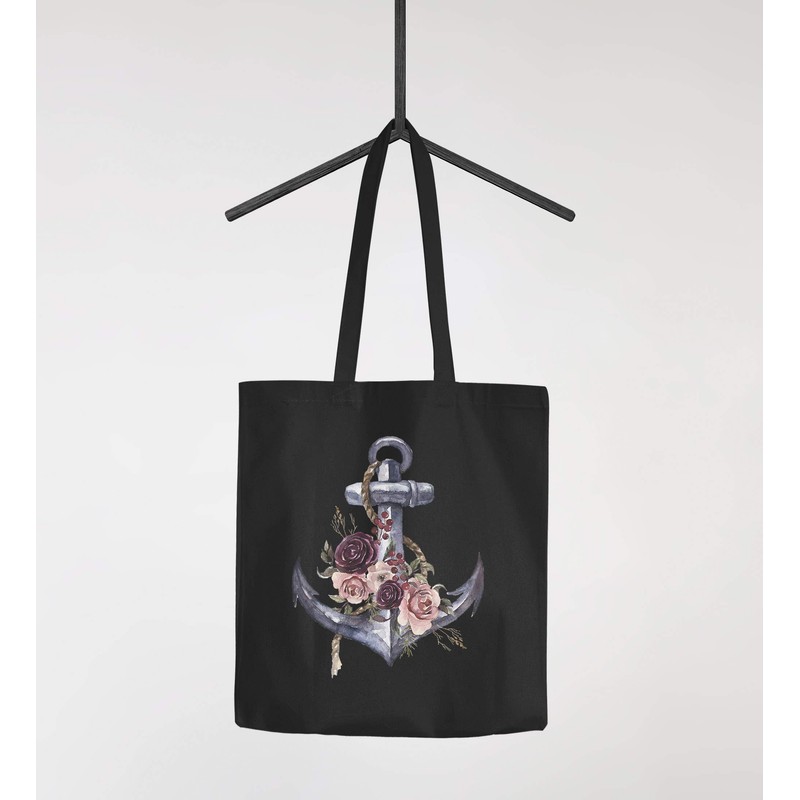 Autiga® Jute Bag Anchor Flowers Cotton Bag Shopping Bag Black