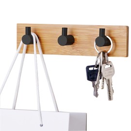 Bamboo Wood Key Holder for Wall - Key Hanger with Hooks - Decorative Wall Hooks for Hanging Heavy Duty Key Organizer for Kitchen, Bedroom, Bathroom - Ideal Coat Rack (3 Hooks, Black)