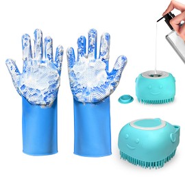 IDQQUQQ 2PCS Dog Washing Gloves and Dog Shampoo Brush, Dog Bath Supplies Dog and Cat Bath Set