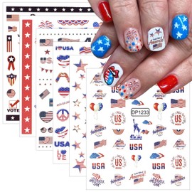6Pcs 4th of July Nail Stickers Patriotic Independence Day Nail Art Stickers 3D Self-Adhesive USA Flag Stars Eagle Fireworks Nail Design Sticker Holiday Nail Decals for Nail Art Women DIY Manicure