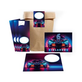 Minkocards 12 Invitation Cards for 6th Children's Birthday Boy Car Racing Car Invitations Sixth Boys Birthday Racing Car Including 12 Envelopes, 12 Party Bags / Natural, 12 Stickers