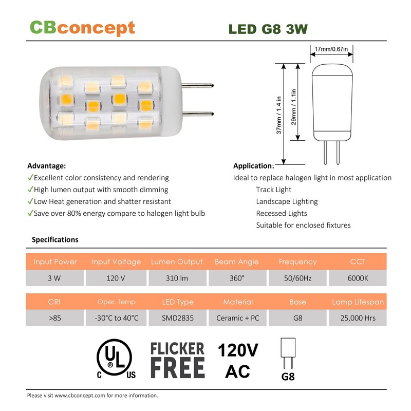 CBconcept UL Listed, 5 Pack, G8 LED Light Bulb (Standard