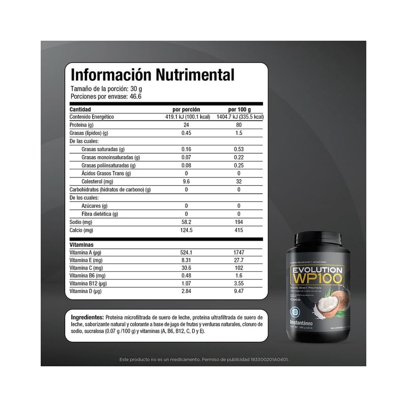 Proteína de suero de leche Evolution Nutraceutical WP100 sabor Coco