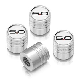 iPick Image for Ford Mustang 5.0 White on Silver Aluminum Cylinder-Style Tire Valve Stem Caps