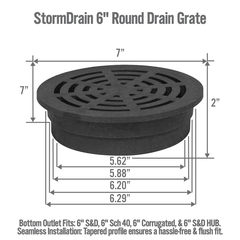 StormDrain 6" Outdoor Square Drain Grate Cover - Fits 6"