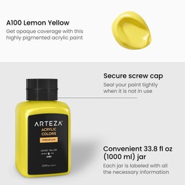 ARTEZA Acrylic Paint, A100 Lemon Yellow, 33.8 fl oz, 1000ml Jar, Opaque, Quick-Drying, Acrylic Paints for Painting on Canvas, Paper, Wood