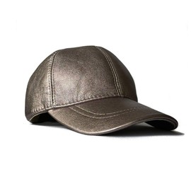 Leather Baseball Cap Genuine Lambskin Leather Hat Sports Visor Adjustable Strap Silver Metallic