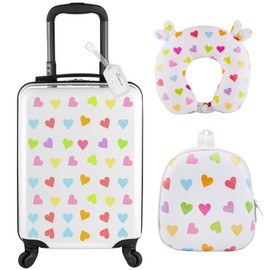 Sanwuta 4 Pcs Kids Luggage Set Kids Backpack Travel Rolling Suitcase with Wheels U-shape Pillow Childrens Gift for Girls Boys(20 Inch,Heart Style,White)