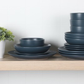 Gibson Home Queenslane 16 Piece Double Bowl Plates and Bowls Dinnerware Sets - Matte Blue