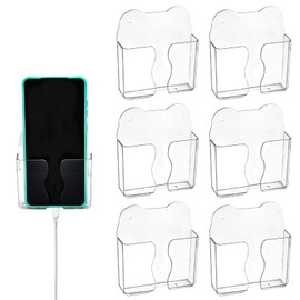 JIABEIUS 6PCS Wall Mount Phone Holder, Clear Cell Phone Stand Self Adhesive with Charging Hole, Plastic Cradle Bedside Organizer Remote Control Stand for Home Office