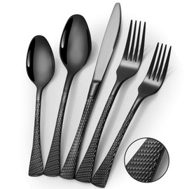 Lemeya Hammered Black Silverware Set,20 Piece Modern Flatware Set Service for 4,Mirror Polished Stainless Steel Cutlery Set Utensil Set Tableware Set,Kitchen Knives Forks Spoons Set,Dishwasher Safe
